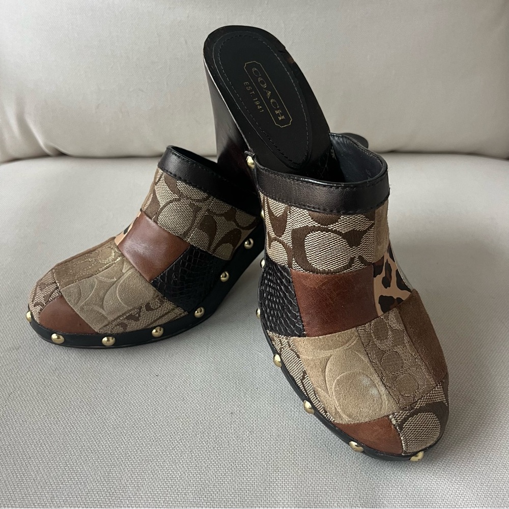 Coach Gold and Brown Mules with Signature Monogram